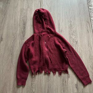 Distressed Cropped Zip 100% Acrylic Sweater - Red - Small